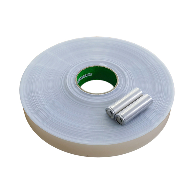 Clear PET heat shrink wrap for battery cells, high transparency, durable sealing, and flame retardant.